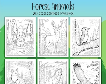 May include: A set of 20 coloring pages featuring black and white illustrations of forest animals. The animals include a deer, a wolf, a fox, a beaver, a woodpecker, and an eagle. The illustrations are set against a backdrop of trees and foliage.