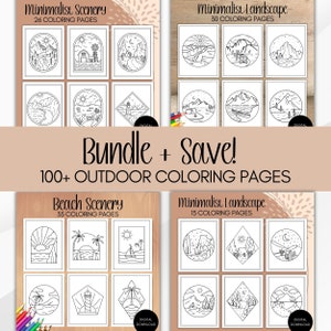 Pacote de páginas para colorir minimalistas, páginas para colorir para imprimir, livro de colorir de paisagens, cenário para colorir para adultos, 106 páginas para atividades ao ar livre