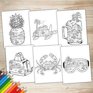 May include: Six black and white coloring pages featuring different objects with a beach scene inside. The objects include a pineapple, a turtle, a beer mug, a toaster, a crab, and ski goggles.