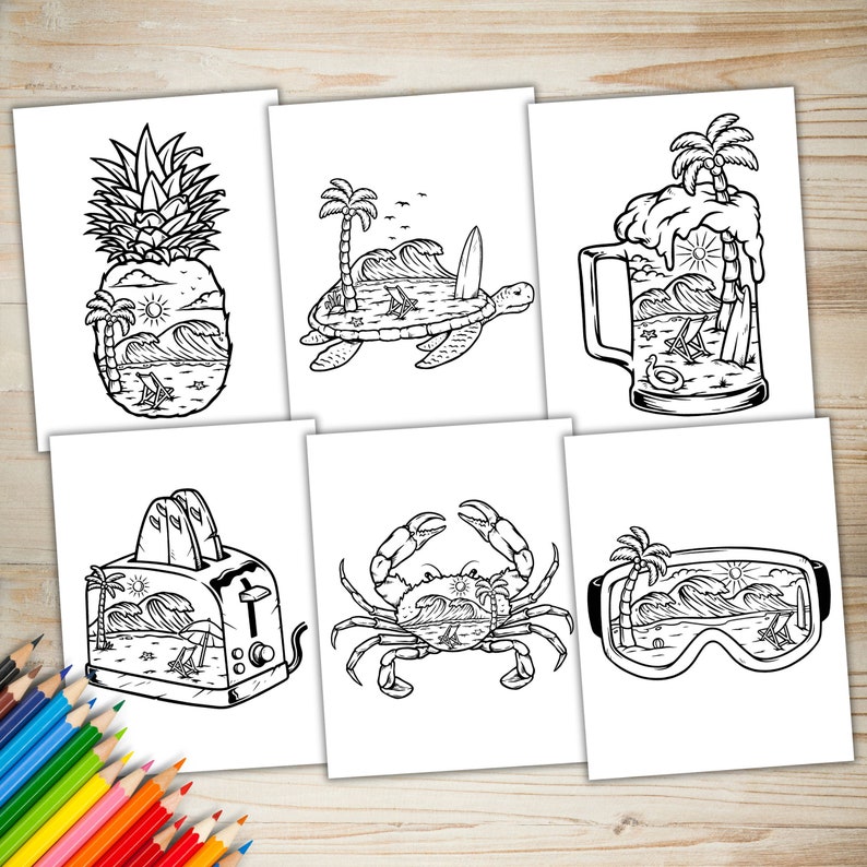 May include: Six black and white coloring pages featuring different objects with a beach scene inside. The objects include a pineapple, a turtle, a beer mug, a toaster, a crab, and ski goggles.