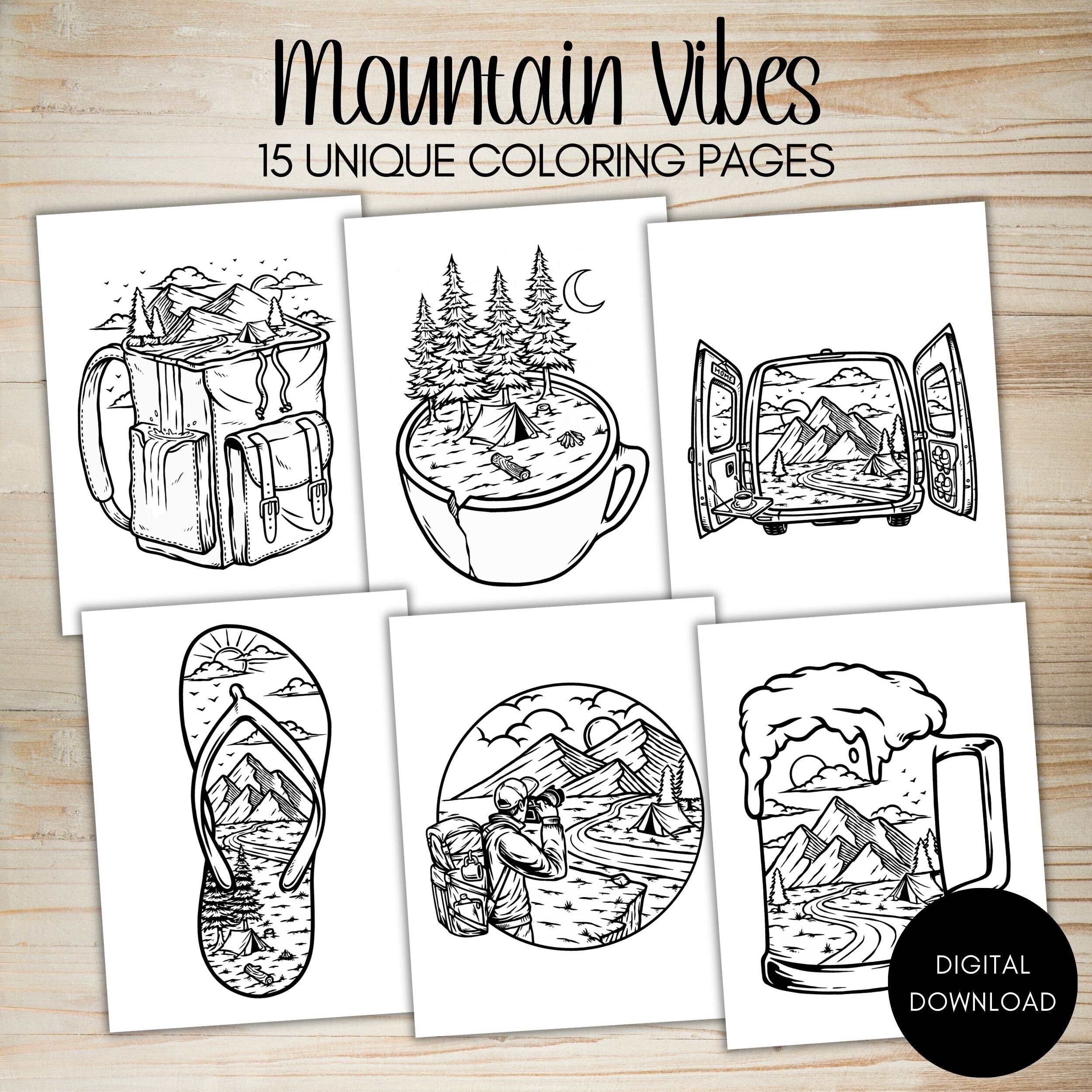 Mountain Coloring Pages Camping Coloring for Adults Printable Coloring Book Landscape Printable Coloring Digital Download Scenery Coloring