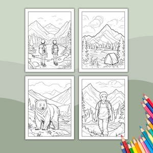 May include: Four black and white colouring pages featuring a mountain landscape with a river, trees, and people. The first page shows two people hiking, the second page shows a tent, the third page shows a bear, and the fourth page shows a person hiking.