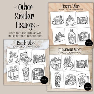 May include: A set of 10 printable coloring pages featuring desert-themed illustrations. The images include a tent, a cup of coffee, a window, a hand holding a cactus, a bottle with a cactus inside, and a window with a cactus outside. The text "Desert Vibes" and "10 Unique Coloring Pages" is included in the image.