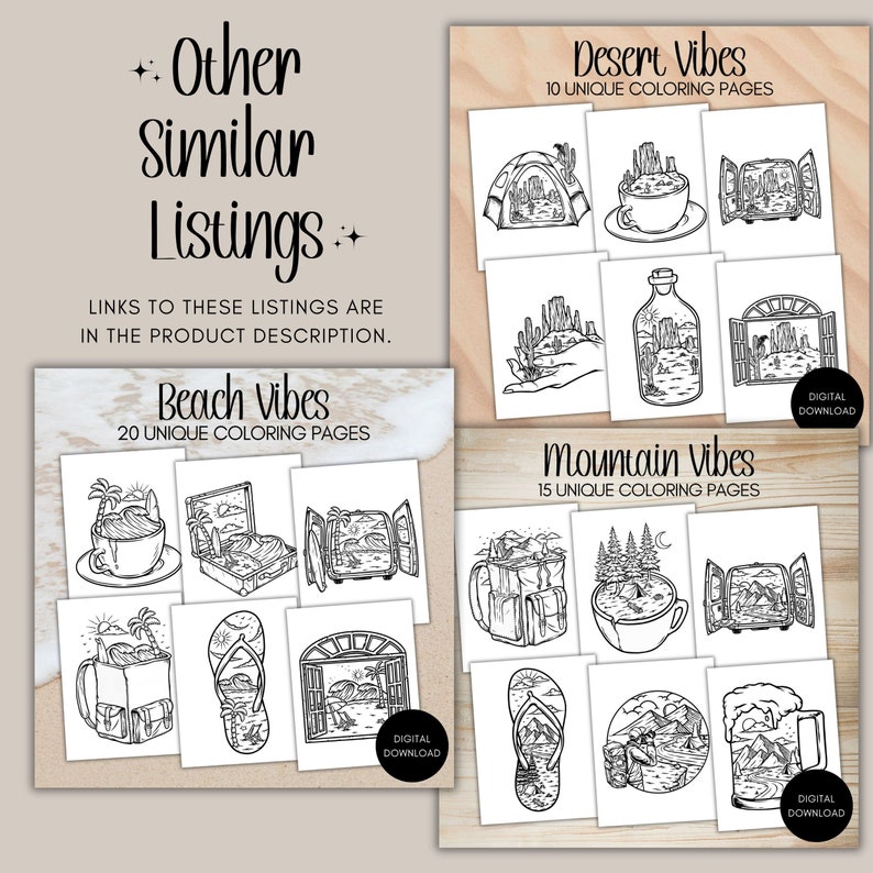 May include: A set of 10 printable coloring pages featuring desert-themed illustrations. The images include a tent, a cup of coffee, a window, a hand holding a cactus, a bottle with a cactus inside, and a window with a cactus outside. The text "Desert Vibes" and "10 Unique Coloring Pages" is included in the image.