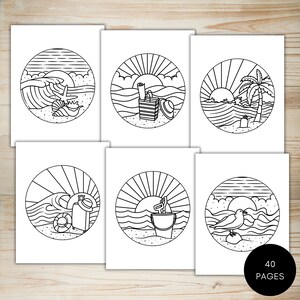May include: Six black and white illustrations of beach scenes in circles. Each scene includes a sun, waves, sand, and a different beach item, such as a seashell, a beach bag, a palm tree, a life preserver, a bucket and shovel, and a seagull.