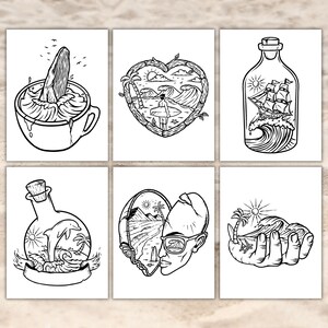 May include: Six black and white illustrations of ocean scenes. The first image shows a whale tail breaking through the surface of the water in a cup. The second image shows a heart-shaped frame with a beach scene inside. The third image shows a bottle with a ship inside and waves crashing around it. The fourth image shows a bottle with a dolphin jumping out of the water. The fifth image shows a broken heart with a beach scene inside. The sixth image shows a hand holding a wave with a palm tree on a small island.