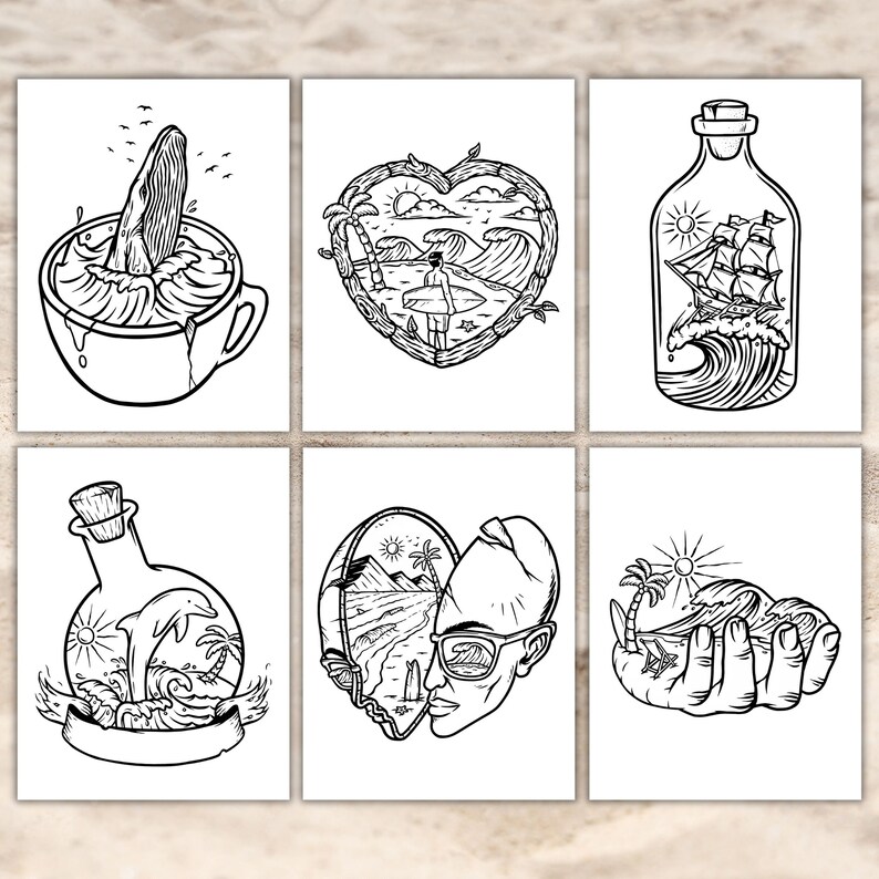 May include: Six black and white illustrations of ocean scenes. The first image shows a whale tail breaking through the surface of the water in a cup. The second image shows a heart-shaped frame with a beach scene inside. The third image shows a bottle with a ship inside and waves crashing around it. The fourth image shows a bottle with a dolphin jumping out of the water. The fifth image shows a broken heart with a beach scene inside. The sixth image shows a hand holding a wave with a palm tree on a small island.