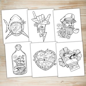 May include: A set of six black and white illustrations featuring various beach and ocean themes. The illustrations include a shark, a hand with a surfboard, a sailor with a pipe, a bottle with a ship inside, a heart-shaped frame with a surfer, and a camera with a hibiscus flower.