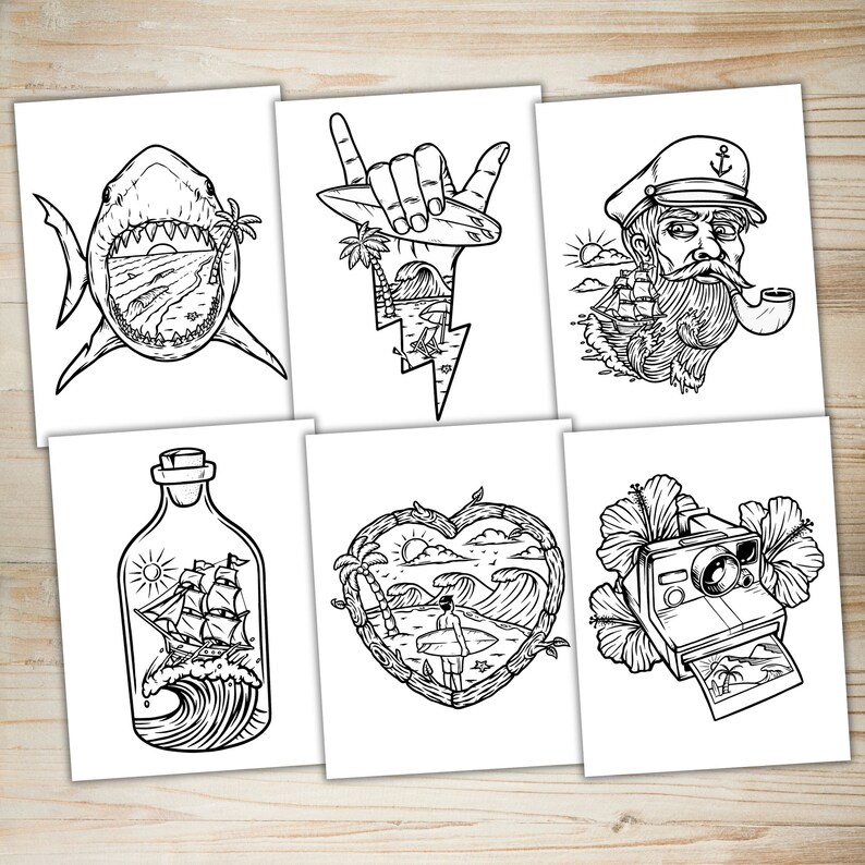 May include: A set of six black and white illustrations featuring various beach and ocean themes. The illustrations include a shark, a hand with a surfboard, a sailor with a pipe, a bottle with a ship inside, a heart-shaped frame with a surfer, and a camera with a hibiscus flower.