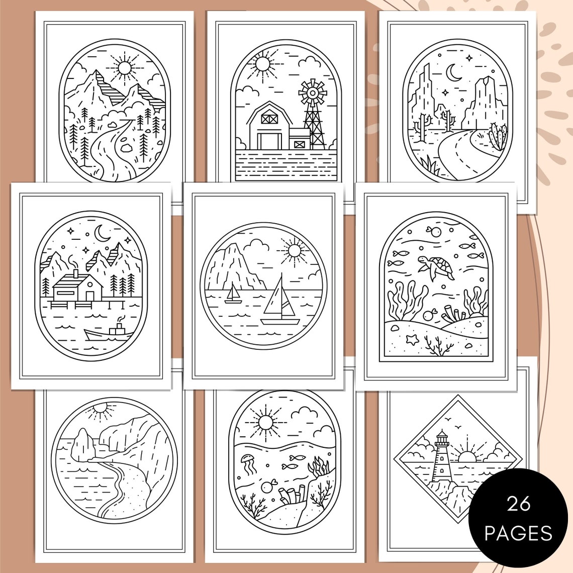 Simple Outside Pages Minimalist Coloring Pages Bundle Printable Coloring Pages Landscape ...