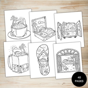May include: A set of six coloring pages featuring different objects with a beach scene inside. The objects include a coffee cup, a suitcase, a van, a flip-flop, a backpack, and a window. Each page has a black and white outline drawing of the object with a beach scene inside.