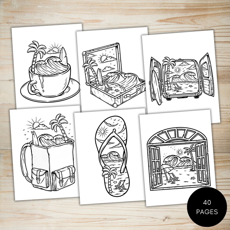 May include: A set of six coloring pages featuring different objects with a beach scene inside. The objects include a coffee cup, a suitcase, a van, a flip-flop, a backpack, and a window. Each page has a black and white outline drawing of the object with a beach scene inside.