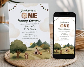 Sjabloon voor eerste verjaardag Happy Camper verjaardagsuitnodiging Camping verjaardag eerste verjaardag Woodland Happy Camper uitnodigen afdrukbare en digitale A002