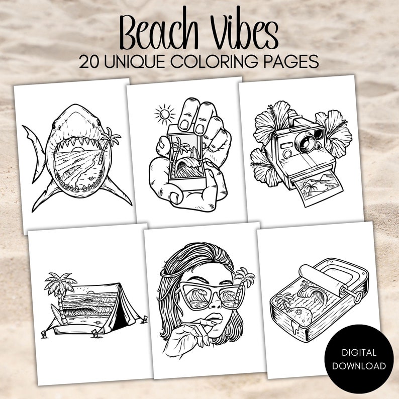 May include: A set of 20 unique coloring pages featuring beach-themed illustrations. The images include a shark, a hand holding a box with a beach scene, a camera with a beach scene, a tent on the beach, a woman with sunglasses, and a can with a beach scene.