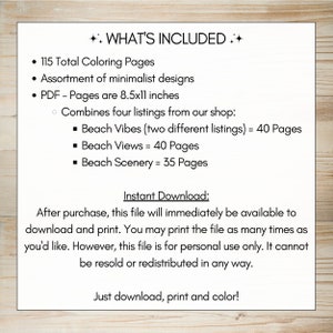 May include: A digital download listing for 115 printable coloring pages featuring minimalist beach designs. The pages are 8.5 x 11 inches and combine four listings from the shop: Beach Vibes, Beach Views, and Beach Scenery.