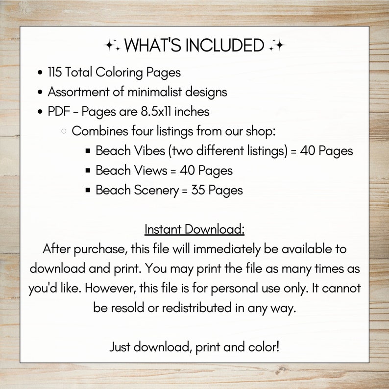 May include: A digital download listing for 115 printable coloring pages featuring minimalist beach designs. The pages are 8.5 x 11 inches and combine four listings from the shop: Beach Vibes, Beach Views, and Beach Scenery.