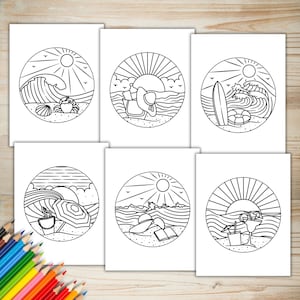 May include: Six black and white illustrations of beach scenes in circles. Each scene includes a sun, waves, and beach elements like a beach umbrella, a surfboard, a beach chair, a bucket, and a drink.