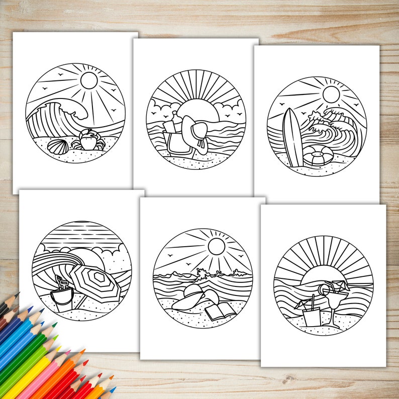 May include: Six black and white illustrations of beach scenes in circles. Each scene includes a sun, waves, and beach elements like a beach umbrella, a surfboard, a beach chair, a bucket, and a drink.