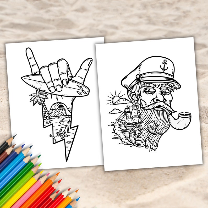 May include: Two black and white coloring pages. The first page features a hand giving the shaka sign with a surfboard and waves behind it. The second page features a sailor with a ship and waves behind him.