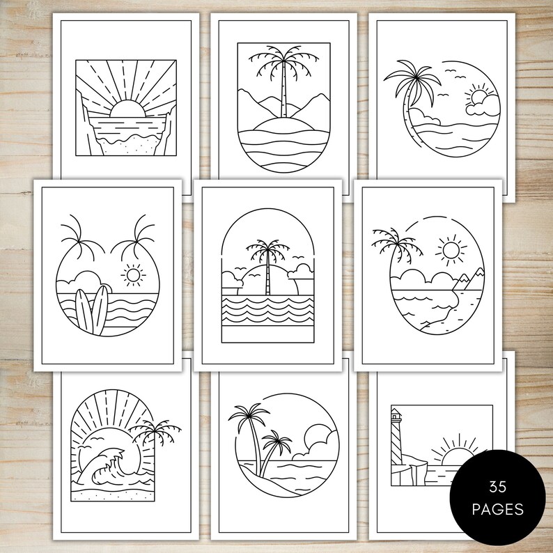 May include: A set of nine black and white line art illustrations of beach scenes. Each illustration features a palm tree, ocean waves, and a sun. The illustrations are perfect for coloring or adding your own creative touches.