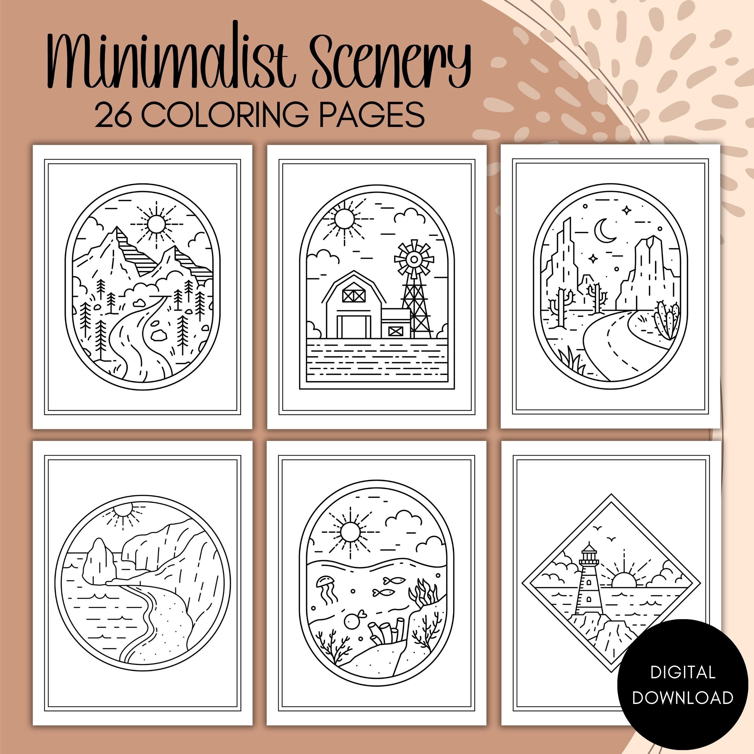 Minimalist Boho Scenery Coloring Pages for Adults – Printable Calm Landscape Coloring Book (26 Pages)