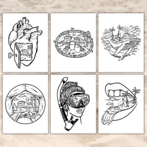 May include: Six black and white illustrations of different scenes with a beach theme. The first image shows a heart with a beach scene inside. The second image shows a circle with a beach scene inside. The third image shows a whale with a beach scene inside. The fourth image shows a tent with a beach scene inside. The fifth image shows a woman wearing a diving mask with a beach scene inside. The sixth image shows a mouth with a beach scene inside.