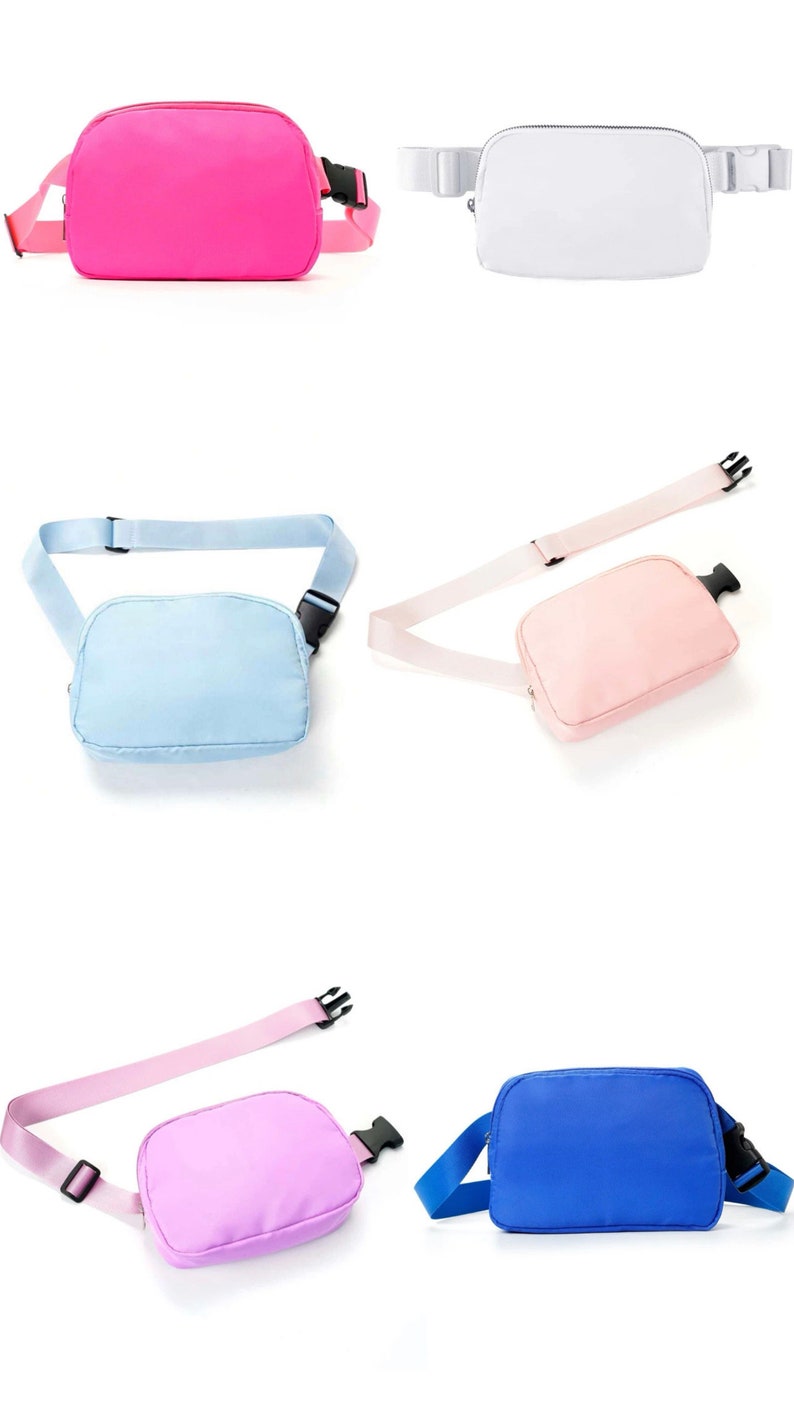May include: Five different colored fanny packs with adjustable straps. The colors are pink, white, light blue, light pink, and blue.