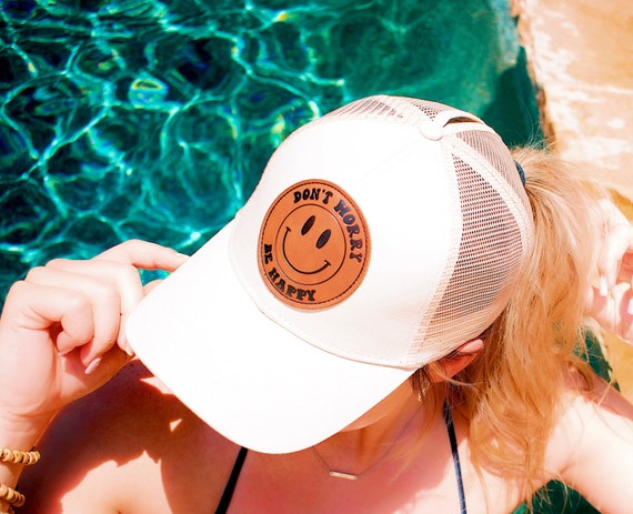 Women Trucker Hat, Smiley Face Hat, Don't Worry Be Happy Poinytail Ball Cap Hat, Lake Beach River Hat, Leather Patch Hat, Cute Girls Hat