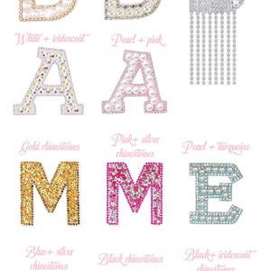 May include: A set of nine iron-on letters decorated with pearls, rhinestones, and fringe. The letters are B, A, M, E, B, and D. The letters are decorated with different colors and materials, including gold, silver, white, pink, turquoise, blue, and black.