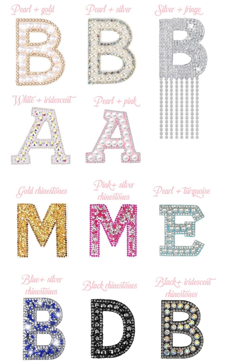 May include: A set of nine iron-on letters decorated with pearls, rhinestones, and fringe. The letters are B, A, M, E, B, and D. The letters are decorated with different colors and materials, including gold, silver, white, pink, turquoise, blue, and black.