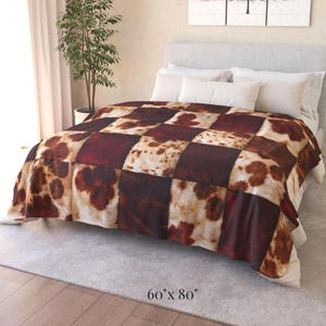 Koc Sherpa Burgundowy Brązowy Wzór Krowy Prezent Western Farmhouse Skóra Bydlęca Patchwork Rustykalna Sofa Akcent Warstwa Tekstylna Chata Domek Sztuczny