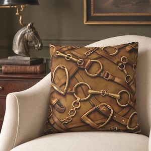 Equestrian Pillow Cover Brown Throw Grandmillennial Stable Yard Ranch House Country Cushion Horse Lover Gift Tack Bridle Bit Riding Theme