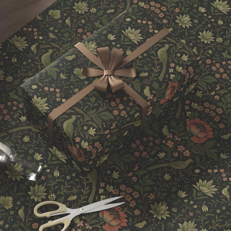 Vintage-inspired wrapping paper featuring a rich green botanical design with detailed English roses and intertwining foliage, influenced by classic William Morris Arts and Crafts patterns. The small-scale floral repeat creates an elegant, timeless look reminiscent of traditional floral wrapping paper, antique European papier cadeau floral vintage, and heritage Christmas gift wrap. Ideal for luxury gift wrapping, holiday presents, weddings, and cottagecore or classic botanical aesthetics.