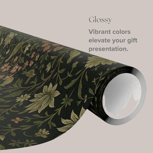 May include: A roll of glossy wrapping paper with a dark background and a floral pattern in shades of green, brown, and peach. The text "Glossy, Vibrant colors elevate your gift presentation" is visible.