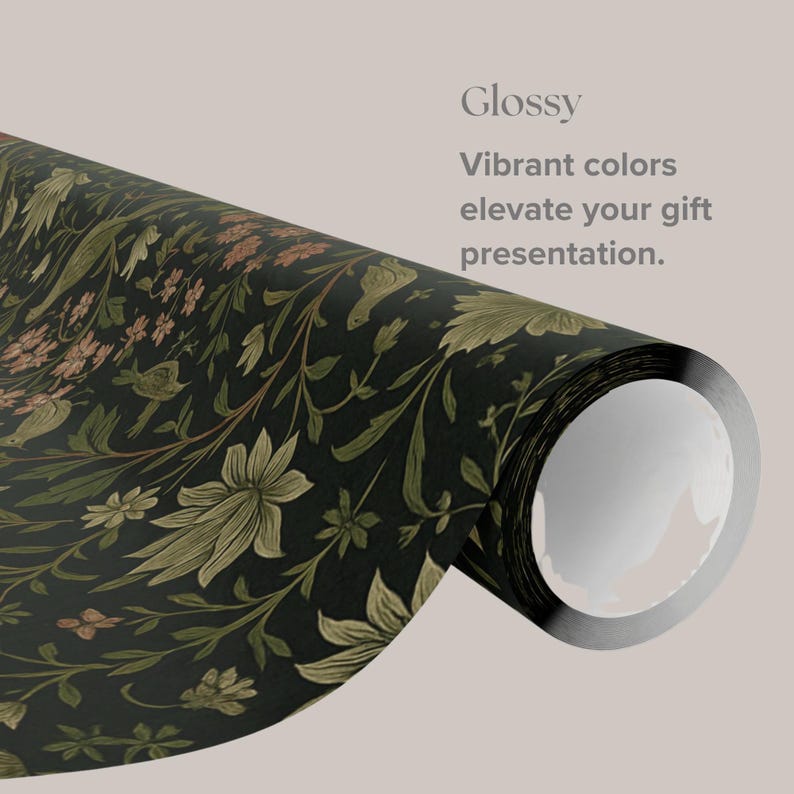 May include: A roll of glossy wrapping paper with a dark background and a floral pattern in shades of green, brown, and peach. The text "Glossy, Vibrant colors elevate your gift presentation" is visible.