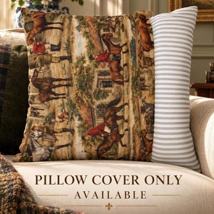 May include: A square throw pillow cover featuring a detailed equestrian scene with horses and riders in a landscape, paired with a side panel of grey and white horizontal stripes. The text PILLOW COVER ONLY AVAILABLE is printed on the front.