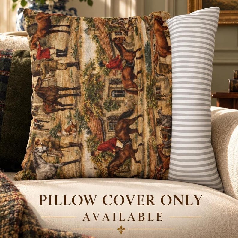 May include: A square throw pillow cover featuring a detailed equestrian scene with horses and riders in a landscape, paired with a side panel of grey and white horizontal stripes. The text PILLOW COVER ONLY AVAILABLE is printed on the front.