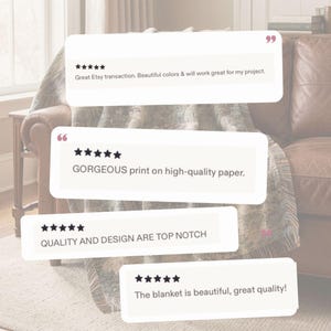 May include: Four white rectangular review cards with five-star ratings and text overlays. The text reads: Great Etsy transaction. Beautiful colors & will work great for my project. GORGEOUS print on high-quality paper. QUALITY AND DESIGN ARE TOP NOTCH. The blanket is beautiful, great quality!