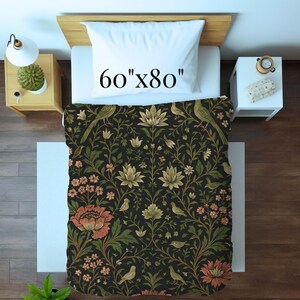 Soft Velveteen Throw Blanket Botanical Floral Pattern English Garden Heritage Design Birds Vines Nature Inspired Textile Grandmillennial Style Cottagecore Aesthetic Sofa Accent Piece Couch Decorative Throw Charcoal Background Sage Green