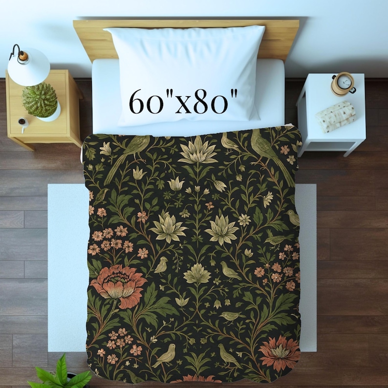 Soft Velveteen Throw Blanket Botanical Floral Pattern English Garden Heritage Design Birds Vines Nature Inspired Textile Grandmillennial Style Cottagecore Aesthetic Sofa Accent Piece Couch Decorative Throw Charcoal Background Sage Green