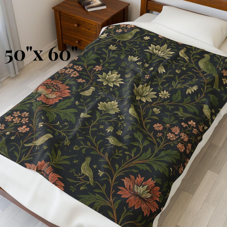 Botanical Throw Gift Grandmillennial Style Floral Blanket Velveteen Sofa Accent English Garden Housewarming Cottagecore Textile Nature Lover 50" × 60"