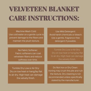 May include: A beige informational graphic titled VELVETEEN BLANKET CARE INSTRUCTIONS with dark brown text. It lists six rectangular boxes containing instructions for machine washing, using mild detergent, avoiding fabric softener, tumble drying, and no ironing.