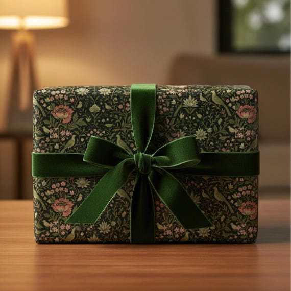 William Morris Art Inspired Design Floral Pattern Botanical Wrapping Paper Roll Luxury Gift Wrap Elegant Wedding Present Dark Green Vintage