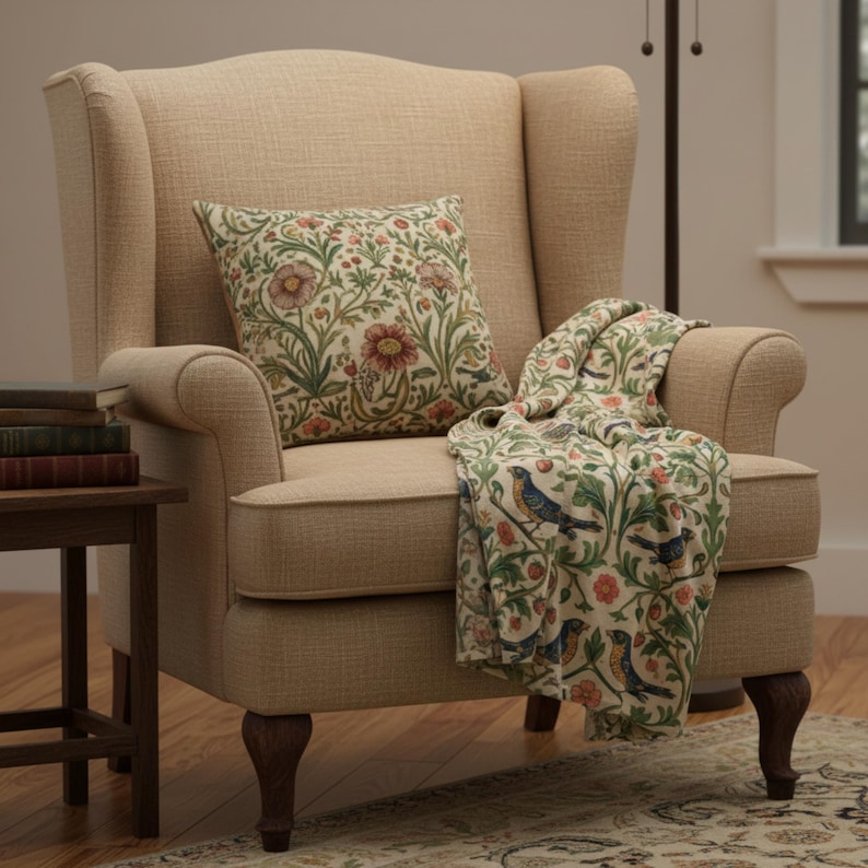 Velveteen Throw Blanket, Floral Bird Botanical Pattern, English Garden Cottagecore Style, Vintage Chintz Sofa Throw, Housewarming Gift image 15