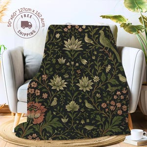 Soft Velveteen Throw Blanket Botanical Floral Pattern English Garden Heritage Design Birds Vines Nature Inspired Textile Grandmillennial Style Cottagecore Aesthetic Sofa Accent Piece Couch Decorative Throw Charcoal Background Sage Green