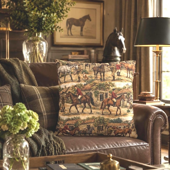 Horse Throw Pillow English Fox Hunt Scene Cushion Cover Farmhouse Riding Accent Gift Country Cottage Living Room Equestrian Home Traditional
