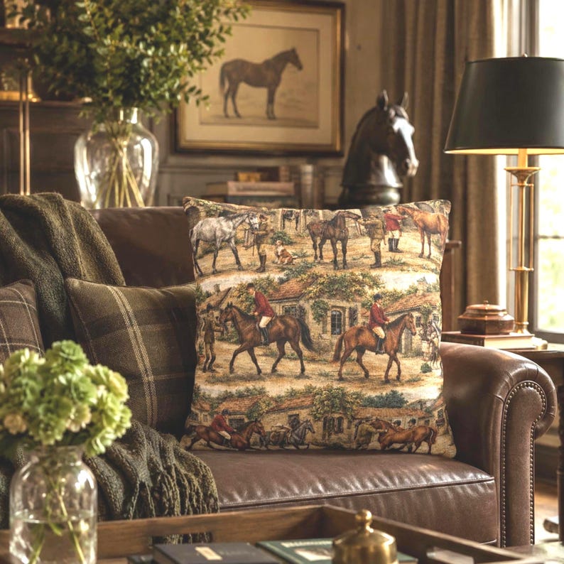 Horse Throw Pillow English Fox Hunt Scene Cushion Cover Traditional Riding Theme Red Jacket Riders Elegant Horses Countryside Buildings Farmhouse Living Room Accent Country Cottage Styling Perfect Horse Lover Gift Enthusiast Present Warm