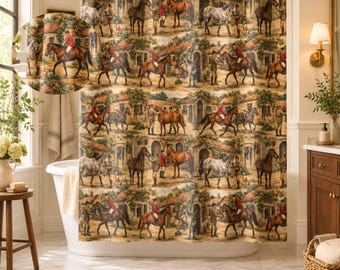 May include: A shower curtain featuring a repeating pattern of equestrian scenes with horses and riders in a stable courtyard setting. The design includes various horses in shades of brown, gray, and black, with riders wearing red jackets.