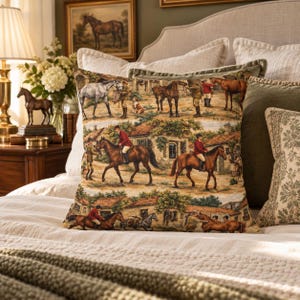 Horse Throw Pillow English Fox Hunt Scene Cushion Cover Traditional Riding Theme Red Jacket Riders Elegant Horses Countryside Buildings Farmhouse Living Room Accent Country Cottage Styling Perfect Horse Lover Gift Enthusiast Present Warm