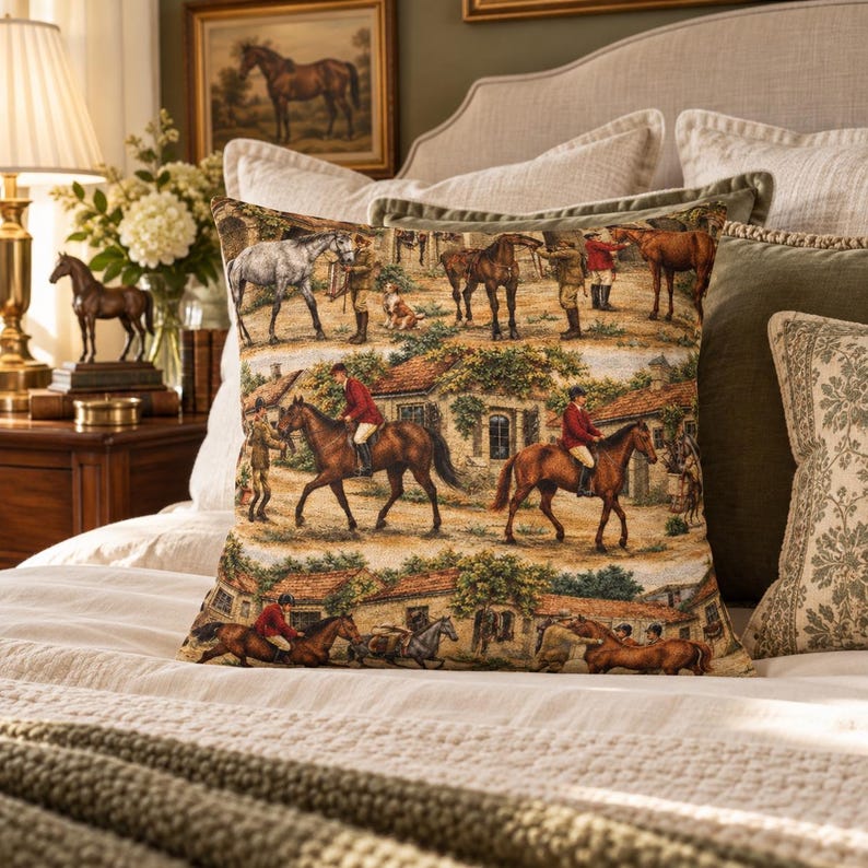 Horse Throw Pillow English Fox Hunt Scene Cushion Cover Traditional Riding Theme Red Jacket Riders Elegant Horses Countryside Buildings Farmhouse Living Room Accent Country Cottage Styling Perfect Horse Lover Gift Enthusiast Present Warm